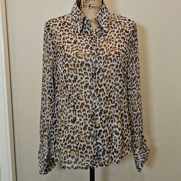 BCBG Women's Animal Print Long Sleeve Chiffon Button Down Blouse Size M - Picture 1 of 10